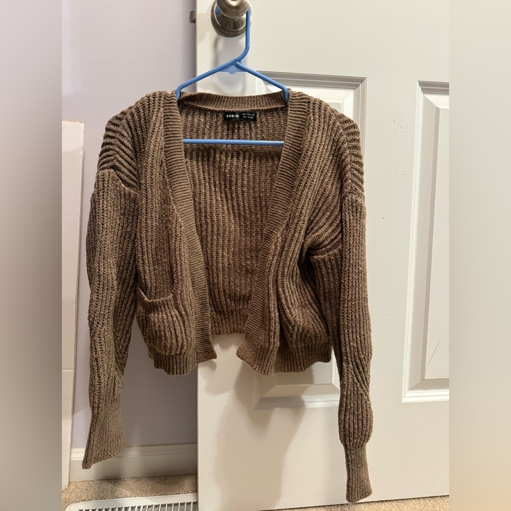 SHEIN Brown Ribbed Open Cardigan